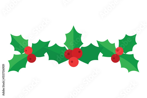 Flat Design Christmas Holly Sprig with Red Berries and Green Leaves Illustration
