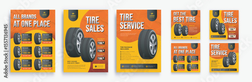 Tire shop flyer and web banner bundle with discount offer. Car tire sale flyer, tire catalog and social media post. realistic tires vector illustration template