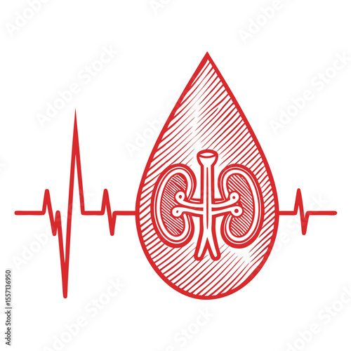 A stylized kidney merges seamlessly into a medical heartbeat EKG line, symbolizing health and vitality.