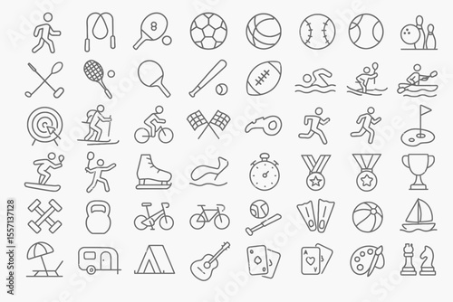 50 Activity Line Icons: Sports, Play, Vacation & Leisure Editable Stroke