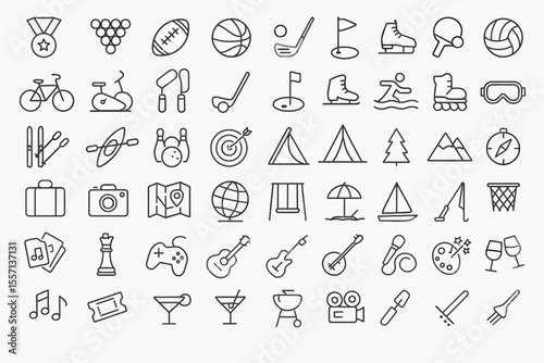 50 Leisure Line Icons: Activities, Sports & Recreation Editable Stroke Set