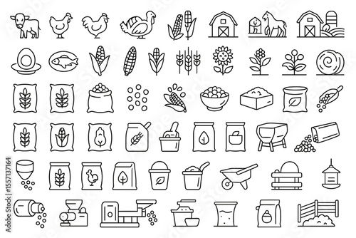 50 Animal Feed Line Icons: Farmyard, Production & Agriculture Editable Set
