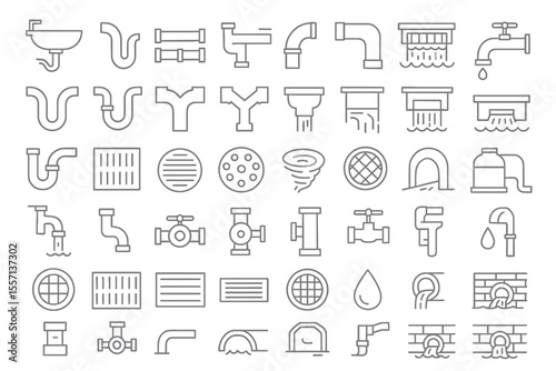 50 Drain & Drainage Line Icons: Pipeline, Sewage & Gutter Editable Stroke
