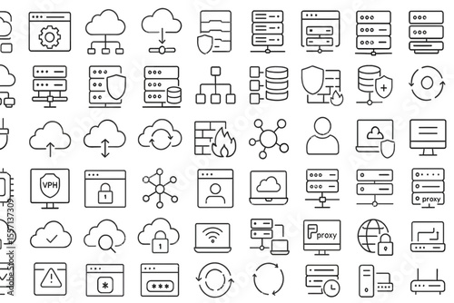 Set of 50 line icons related to data center, cloud, computing, hosting, server, firewall, cyber, proxy, gateway, Editable stroke.