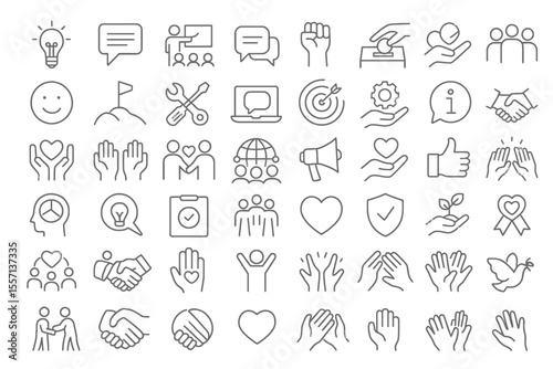 Set of 50 line icons related to interactive, helpful, workshop, communicative, powerful, donation, social, friendly, respect, volunteer, handshake, Editable stroke.
