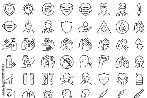 50 Health Prevention Line Icons: Protection, Virus, Mask & Disease Editable