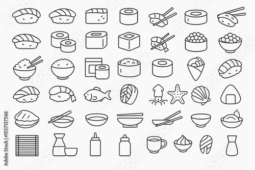 50 Japanese Food Line Icons: Sushi, Seafood & Chopsticks Editable Stroke