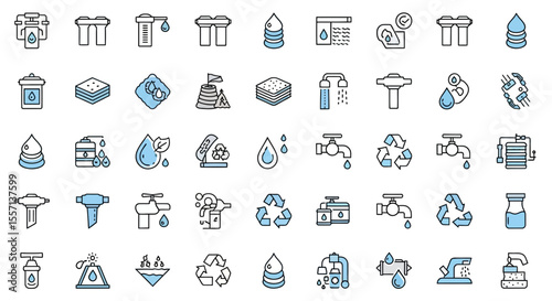 Set of 50 line icons related to water treatment, filters, hydration, water resistance, sewage, recycle, faucet, pressure tank, Editable stroke