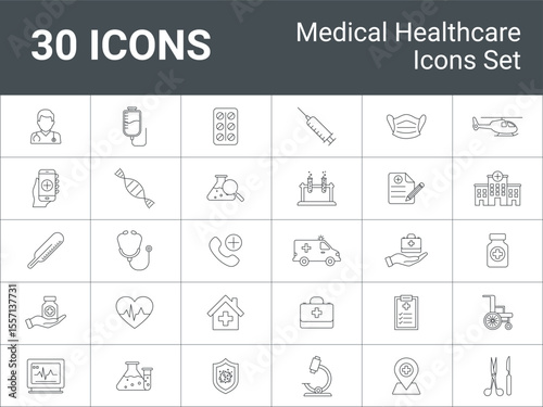 Healthcare Line Icons Set. Medical Related Icons. including medical professionals, equipment,
and emergency services. collection of healthcare services and tools icons