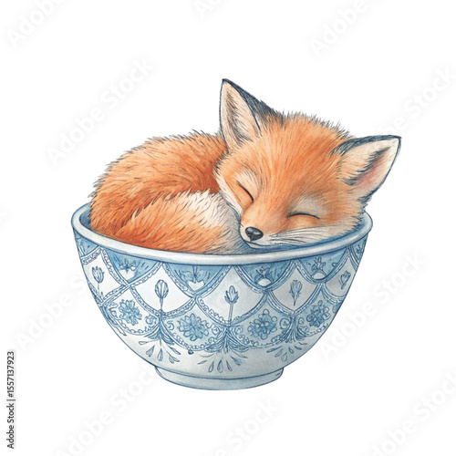 The cutest animals in Japan  sitting in a teacup Clipart Watercolor 