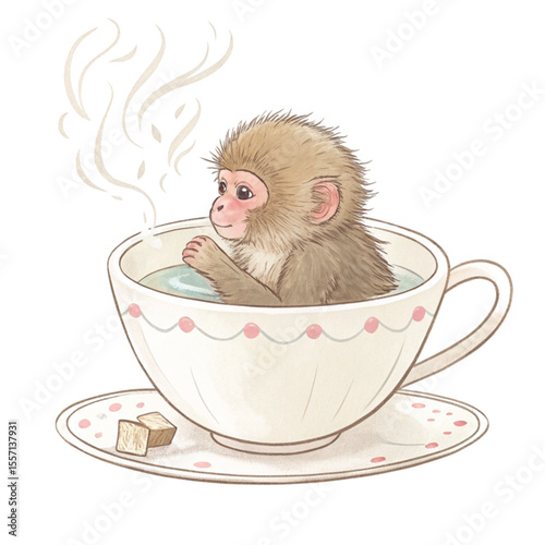 The cutest animals in Japan  sitting in a teacup Clipart Watercolor 
