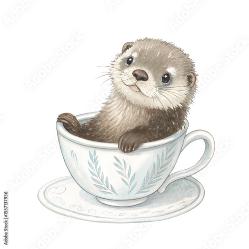 The cutest animals in Japan  sitting in a teacup Clipart Watercolor 