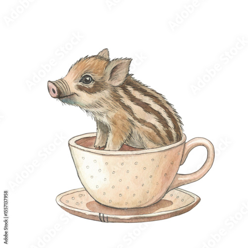 The cutest animals in Japan  sitting in a teacup Clipart Watercolor 