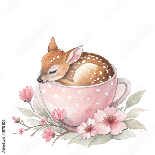 The cutest animals in Japan  sitting in a teacup Clipart Watercolor 