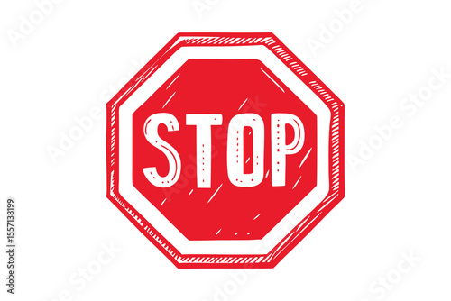 HandDrawn Red Stop Sign with White Letters and Border on White Background