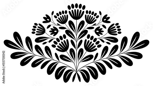 A symmetrical floral pattern is depicted in black, featuring stylized leaves and flower motifs radiating outward