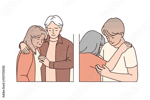 Grief and Support: Illustrative depictions of a family scene depicting grief and support.