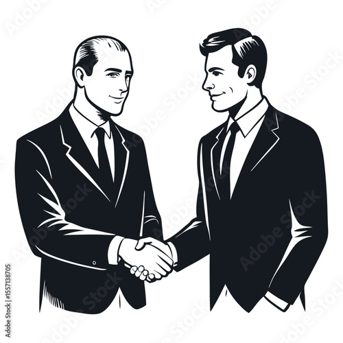 Illustrated Businessmen Handshake Black and White Agreement in Formal Suits and Ties