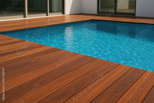 Close-up of a wooden deck with a swimming pool, featuring vibrant blue water and tropical hardwood planks