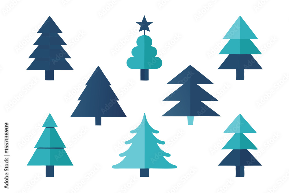 Fototapeta premium Illustration of Cartoon Christmas Trees in Various Styles and Shades of Blue