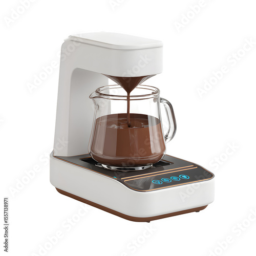 Smart kitchen appliance melting chocolate in a controlled setting, isolated on a white background.