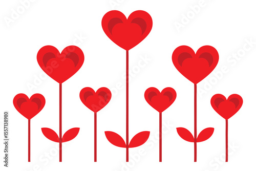 Illustration of Seven Red Heart Flowers with Stems and Leaves on White Background
