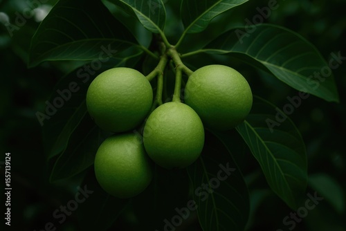 A cluster of vibrant green fruits dangling from tree branches amid lush foliage