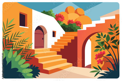 Mediterranean Architecture with Vibrant Flowers, Arches, and Stairs Under a Blue Sky