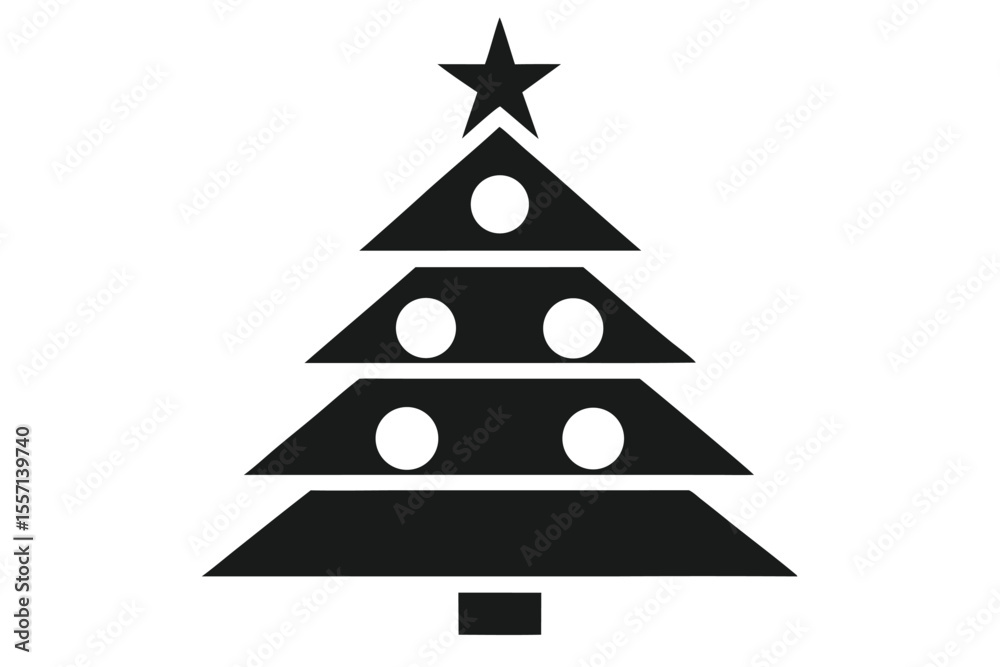Fototapeta premium Minimalist Black and White Christmas Tree Icon with Star and Circular Ornaments