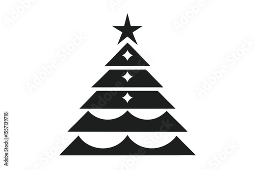 Minimalist Black and White Christmas Tree Illustration with Star Topper and Geometric Shapes Design