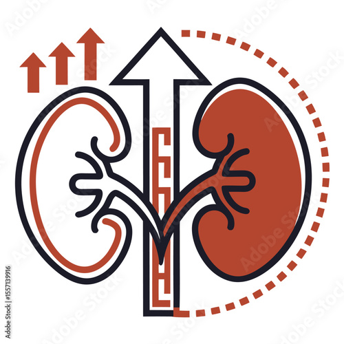 Kidney icon showing upward arrow, signifying renal health progress. Clean, medical, vibrant, hope.