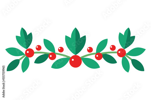 Minimalist Holly Berry Garland with Green Leaves and Red Berries Illustration