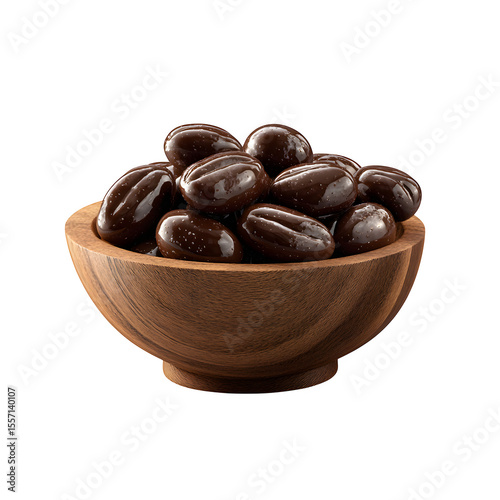 Rich chocolate covered coffee beans fill a wooden bowl, a delightful treat against a transparent background ready for your designs or presentations.