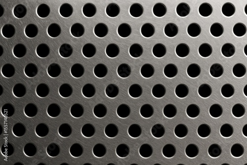 Detailed view of a perforated metal colander with a chrome-plated finish and round holes