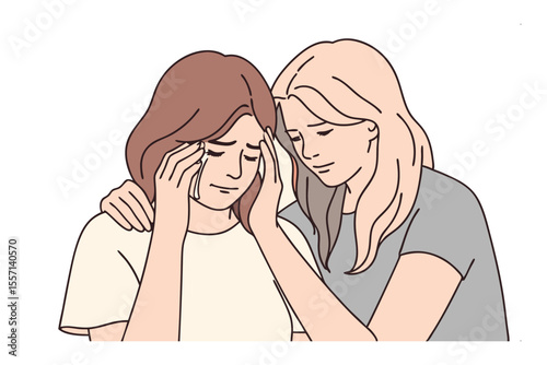 Woman Comforting Friend: A friend offering comfort by tenderly caressing the face of another friend and embraces her friend gently shoulder.