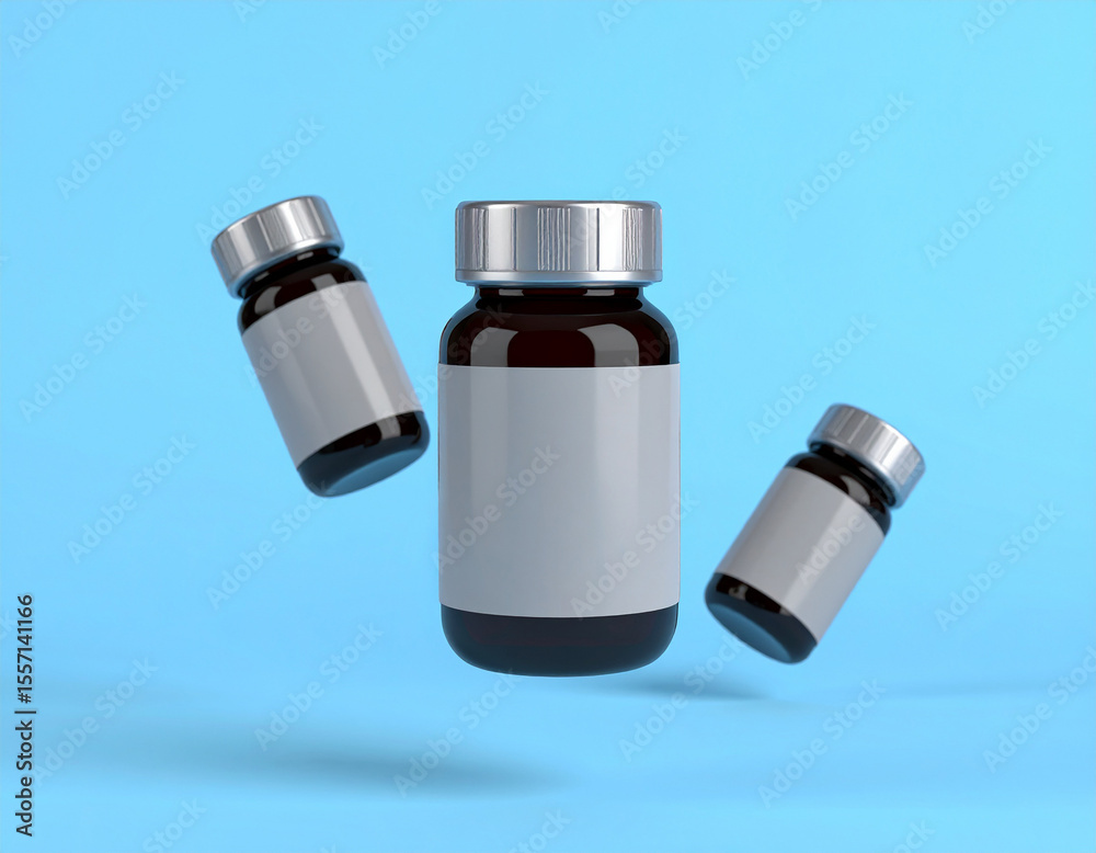 Three dark glass medicine bottles with blank labels, levitating against a bright blue background. Three dark glass medicine bottles with blank labels, levitating against a bright blue background.