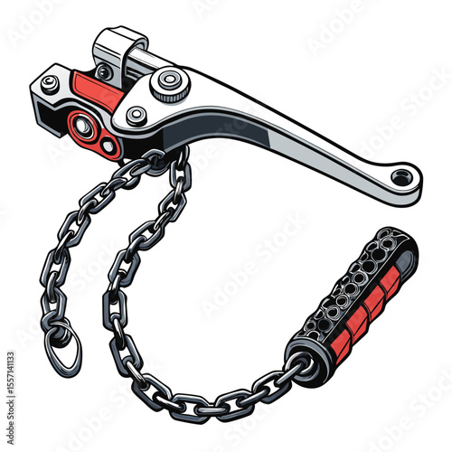 Silver clutch lever with chain. Stylized motorcycle part design. Industrial aesthetic. Isolated object render.