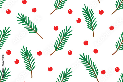 Wallpaper Mural Seamless Pattern with Evergreen Branches and Red Berries on White Background for Festive Designs Torontodigital.ca