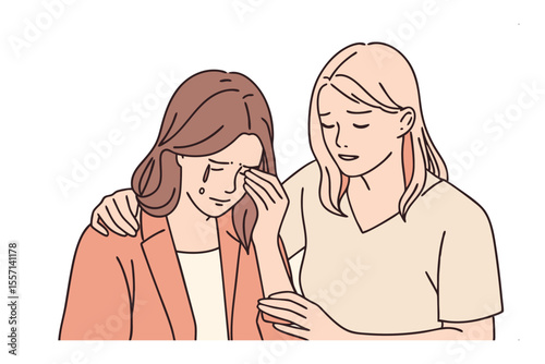 Empathetic Support: A touching illustration depicts a tender moment of two women, one visibly distraught with tears streaming down her face.
