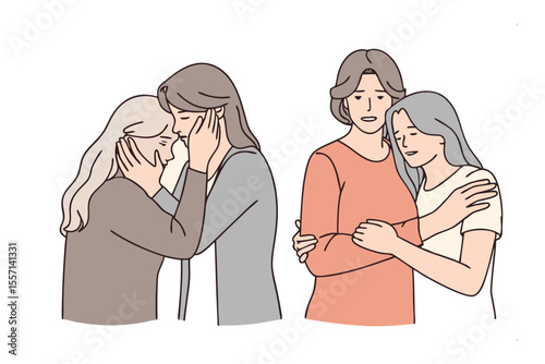 Motherly Embrace: A poignant depiction of a mother offering solace to her child, filled with the warmth and safety of maternal love. A comforting and caring touch in a time of sadness.