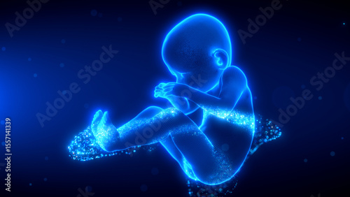 3D render of a glowing holographic fetus in a curled position, visualized with wireframe mesh and digital scanning light particles.