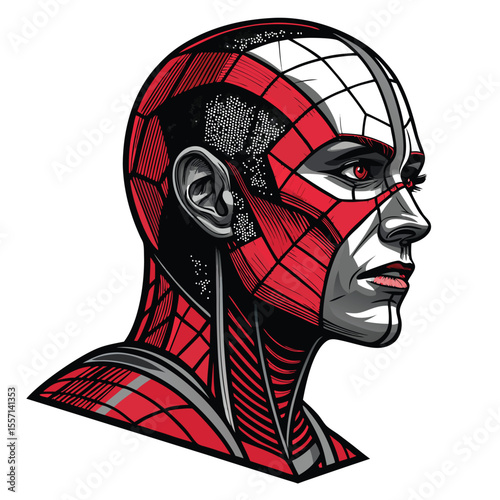 A stylized cyberpunk face, geometrically designed, with sharp angles and metallic accents.