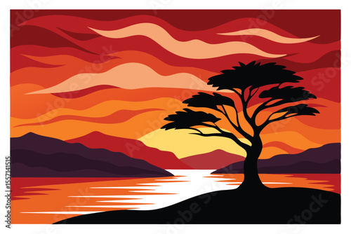 Silhouette Tree Sunset Over Water with Hills and Clouds in Warm Tones Illustration