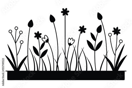 Simple Black and White Flower Garden Silhouette with Buds and Grass Illustration