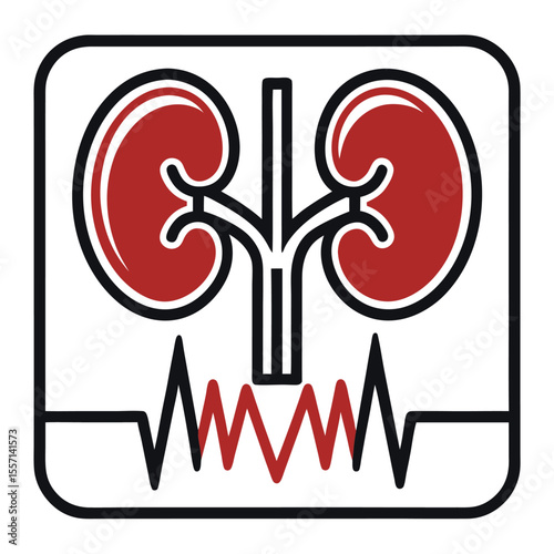 Kidney icon merging with heartbeat rhythm line, medical, health, vital, life, cardiology, nephrology.