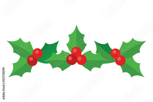 Simple Christmas Holly Border with Red Berries and Green Leaves on White Background