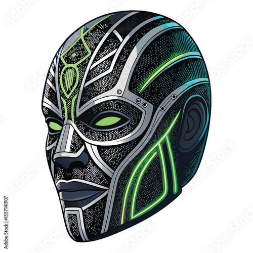 Digital mesh face mask glowing; intricate network, futuristic tech, vibrant, abstract, stylized, modern.