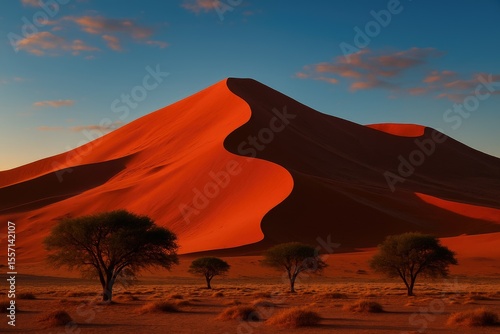 Vast desert landscape featuring towering sand dunes and sparse trees in the foreground