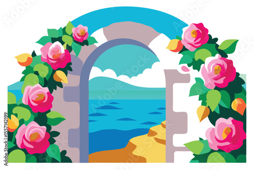 Stone Archway with Pink Roses Overlooking the Ocean and Beach Illustration
