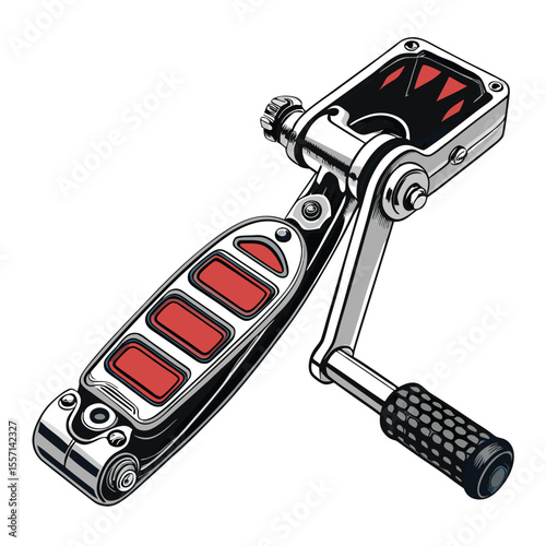 A vibrant, stylized illustration of a vintage motorcycle kickstart pedal, chrome finish, detailed spring.